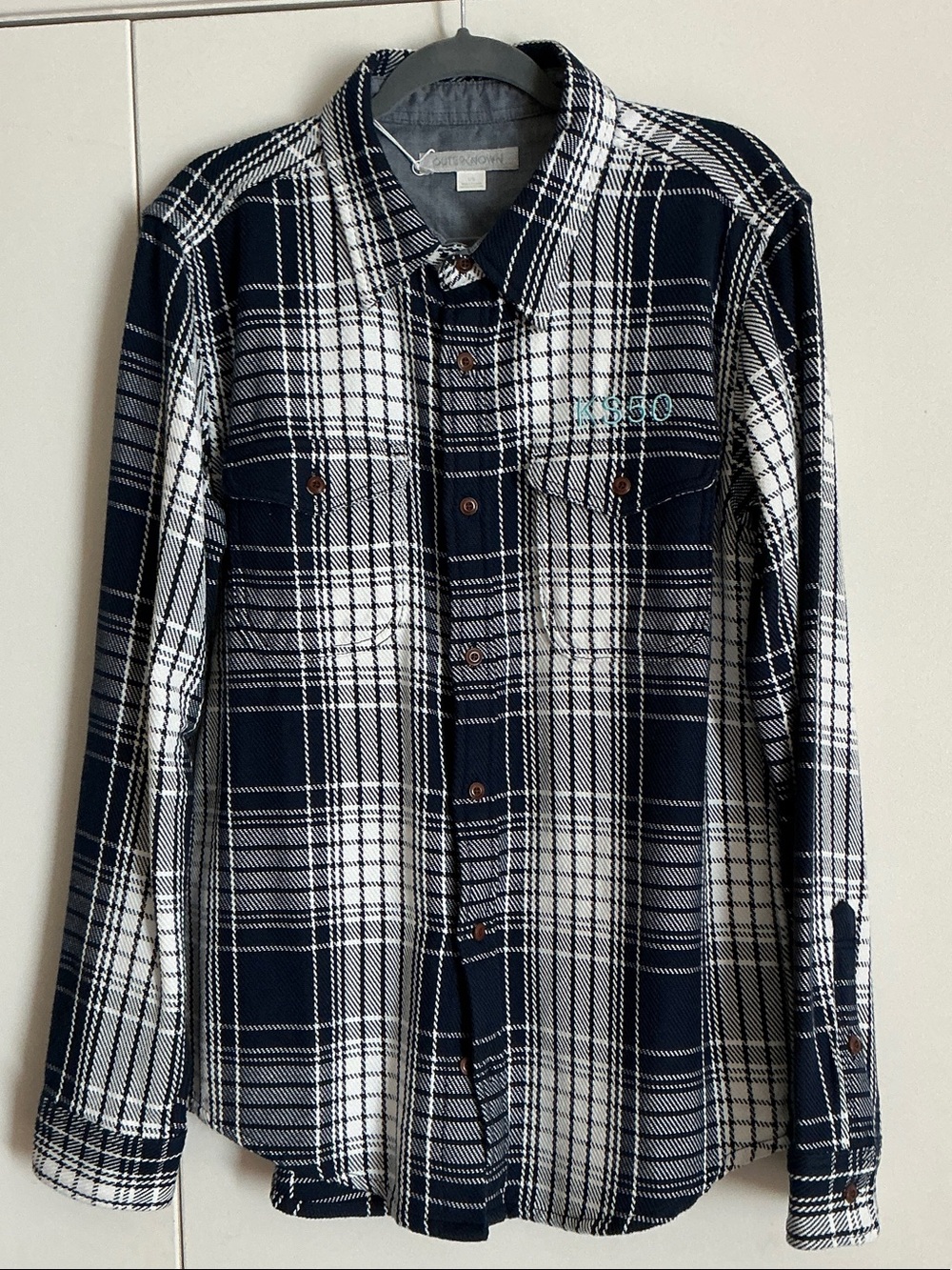 Outerknown Navy and White Plaid Button-Down Shirt